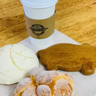 a plate of pastries and a cup of coffee