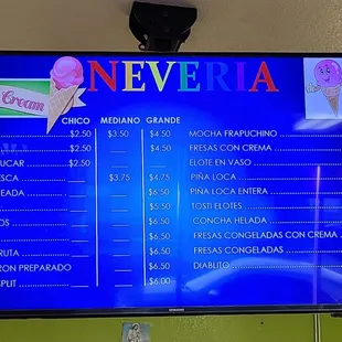 a menu on the wall