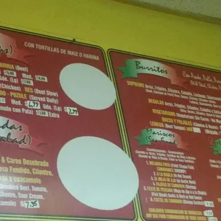 the menu of the restaurant