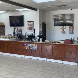 a view of a restaurant counter