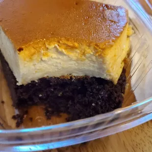 Flan with chocolate cake