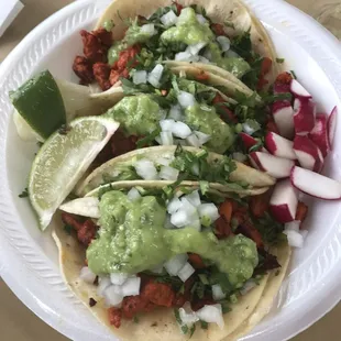 Tacos al pastor very good, just missing some pineapple.