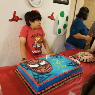 a young boy standing in front of a birthday cake