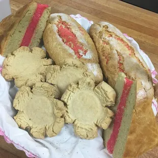 a basket of bread and pastries