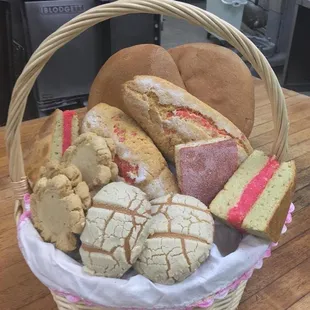 a basket full of bread and pastries