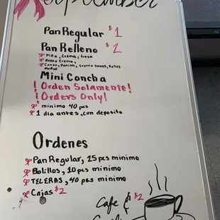 Prices and order information.