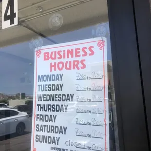 Hours. Closed Sunday