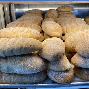 a display of bread rolls