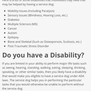 a list of disabilitiess