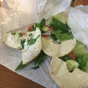 Veggie Breakfast Sandwich, I removed the veggies so you could see the little to no cream cheese that was added on the bagel.