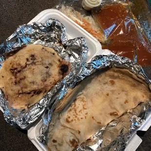 A baleada and a pupusa de frijoles y queso (beans and cheese). All this for $5.50