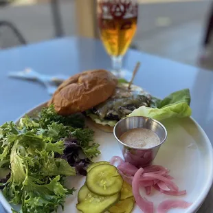 Park burger with mixed green salad