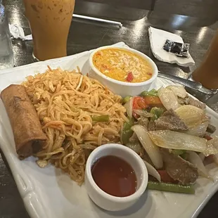 Pad Thai, Evil Jungle Curry, Basil Beef Basil Stir-Fried w Beef, and Crispy Spring Roll- vegetarian