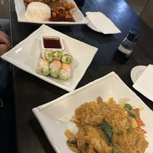 Fresh Spring Roll Shrimp (3 Rolls) with sweet and sour  Spicy Basil Noodles beef  Sweet and Sour Stir-Fried beef