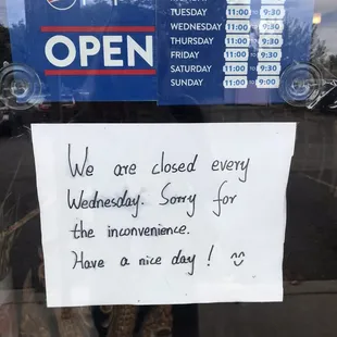 Closed on Wednesdays for now until ???