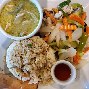 Soooo good.  Fried rice , green  curry , mixed vegetables