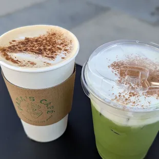 Mila's matcha and Pana's latte