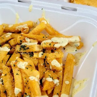 french fries in a styrofoam container