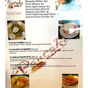 St. Patrick's Day Special Menu! Pancake Cafe. (Broadway st/Grace St) Breakfast Branch Bar. Pancakes Crepes Sandwiches Burgers etc. Cool!