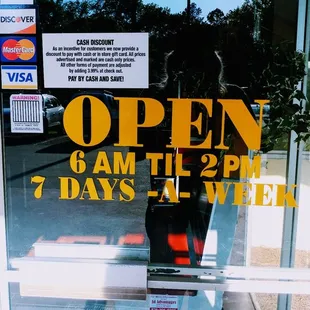one shift open 6 to 2 most major credit cards accepted what's interesting is the cash incentive me reflecting taking a picture of that