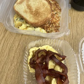 Bacon Omelette with hash browns and toast