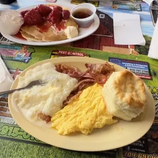 Breakfast special - Strawberry pancakes - Bacon, egg, cheese biscuit and hash browns!
