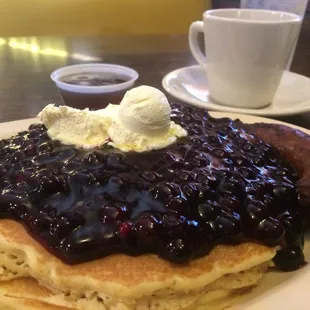 Blueberry Pancakes and sausage
