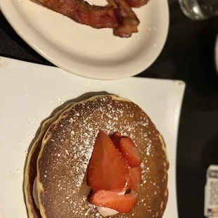 Strawberry cheesecake short stack pancakes and side of bacon