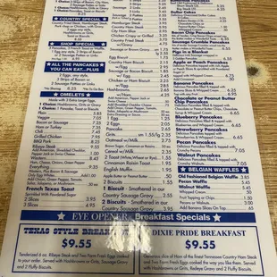 the menu for the pancake shop