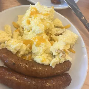 Scrambled eggs with cheese &amp; pork sausage