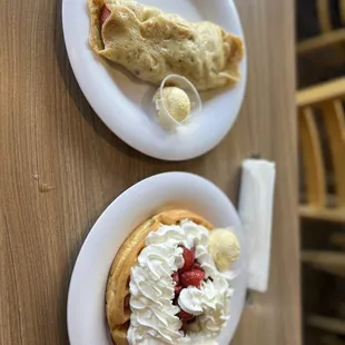 Strawberry crepe and strawberry waffle with butter