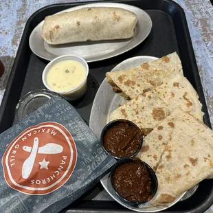 Chicken Quesadilla and Burrito Chips and Queso