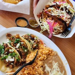 Taco Platter Special with Al Pastor, Panchitos Shrimp Queso-Tacos, chips and salsas!