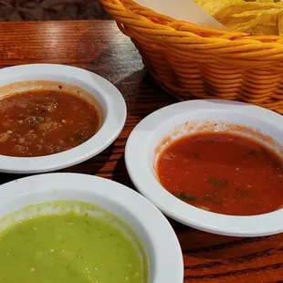Chips and 3 salsa selection. Mild medium and spixy
