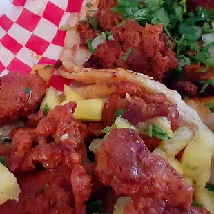 AL Pastor taco with pineapple  Chorizo taco... yummy
