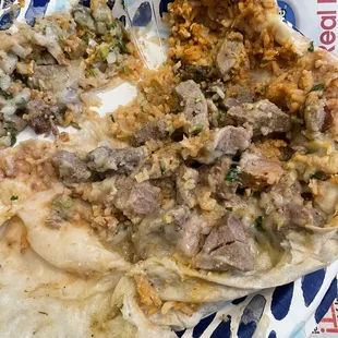 Chili verde burrito requested ONLY meat, beans, rice cheese and salsa.