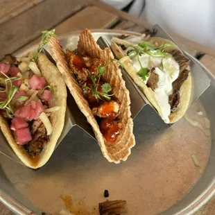 Chicken and waffle taco and steak taco