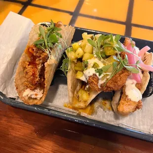 Tacos - chicken and waffle, hot chicken, fried pickle