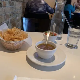 Complementary chips, salsa and pico.