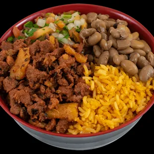 a bowl of rice, beans, and meat