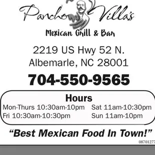 Pancho villas of Albemarle is now back open, under new management offering the best Mexican Food around and friendly staff.