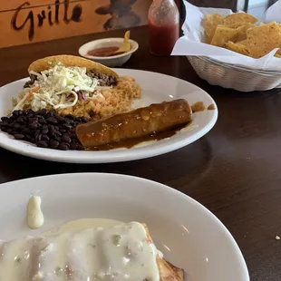 Chimichanga Enchilada, Rice and Beans Lunch Specialty Taco To Go Chips and Salsa