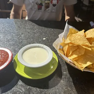 Chips, cheese dip, and salsa