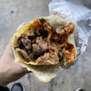 Asada, bean, rice, cilantro--