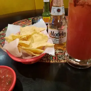 Michelada with Modelo...Chips and salsa aren't included in the meal. We ordered guacamole and salsa, was delish!