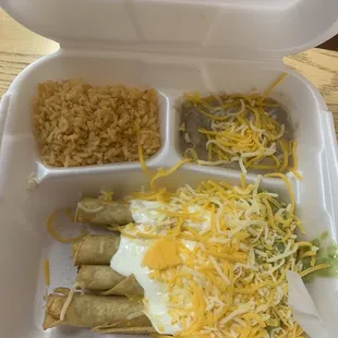 Bland taquitos no flavor. Beans A+ and Rice A-