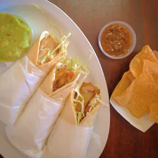 Fish Tacos with small guacamole &amp; tortilla chips