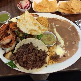 #3 combo dinner: corn quesadilla, grilled prawns, Asada taco, rice &amp; beans $11