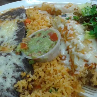 Tamale, Flauta, and Garlic Prawns