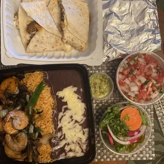 Quesadilla Suiza, Garlic Prawns, and Parrilla Mushroom
